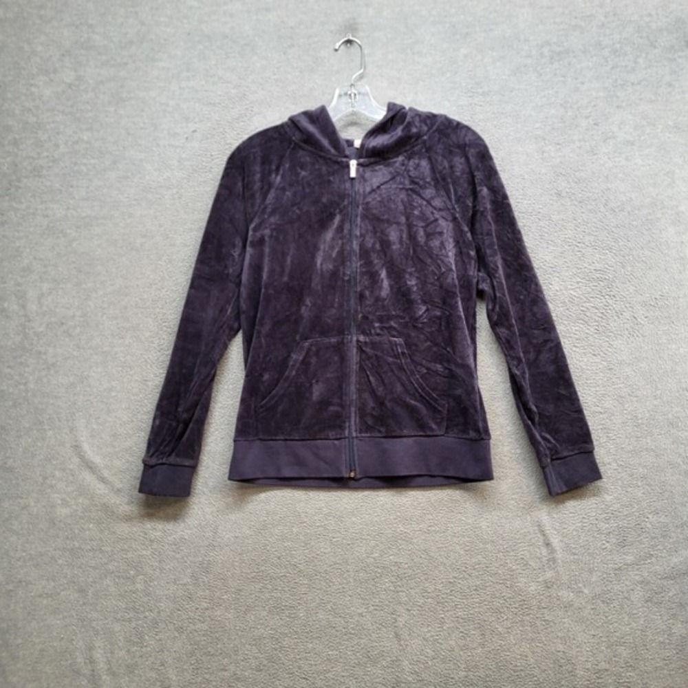 Juicy Couture Women Sweatshirt Medium Purple Y2K Velour Cropped Hoodie Mock Neck
